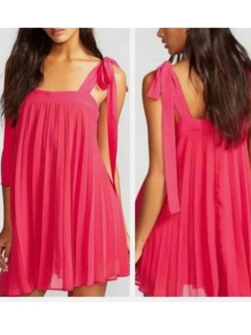 Free People X Backstage Andrey Dress Hot Pink Pleated Mini Tie Double Layer